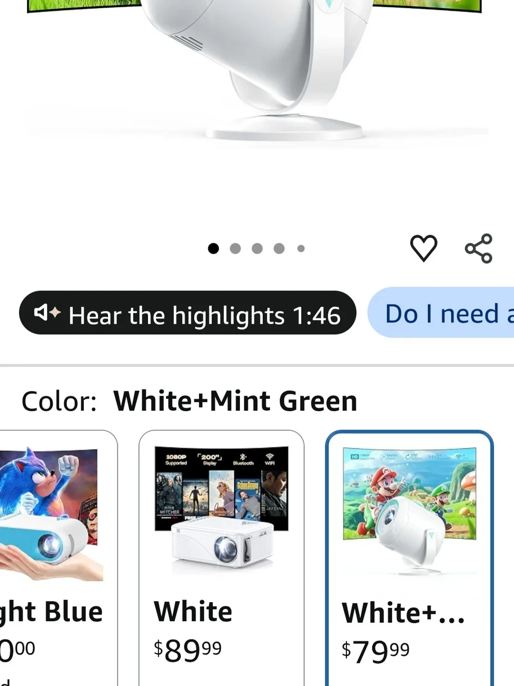 White Mini Projector for Home Theater - Portable Wireless Bluetooth